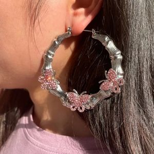 3 Inch Silver Hoop Pink Crystal Butterfly Bamboo Earrings